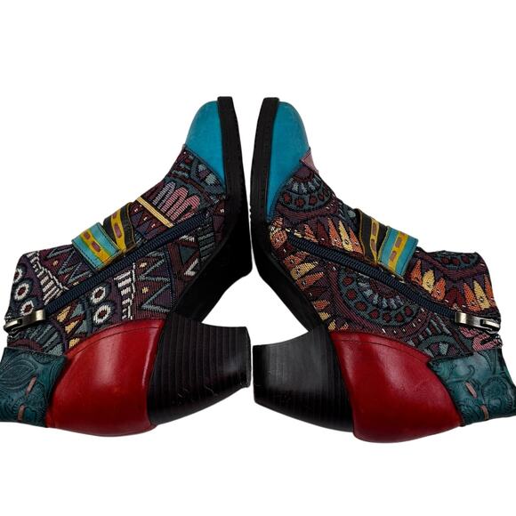 Socofy Retro Boho Multicolor Leather Stretch Fabric Booties Women's 38/7-7.5 - Picture 6 of 11
